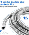 Refrigerator water line kit, 12 ft braided stainless steel hose with 1/4 in compression fittings for ice maker.