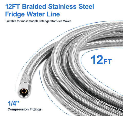 Refrigerator water line kit, 12 ft braided stainless steel hose with 1/4 in compression fittings for ice maker.
