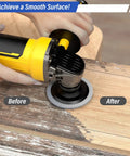 All In One Wood Carving Disc Set For Four Inch And Four And A Half Inch Angle Grinders, shown smoothing wood surface
