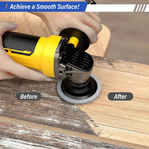 All In One Wood Carving Disc Set For Four Inch And Four And A Half Inch Angle Grinders, shown smoothing wood surface