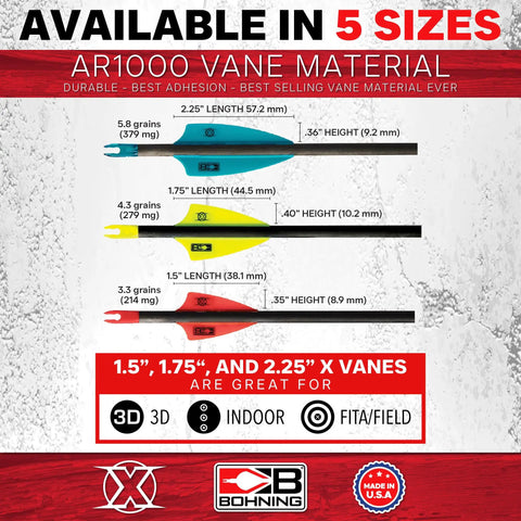 Illustration showing X Vane 2.25 inch hunting 3D target vane black 100 pack dimensions and uses with AR1000 material description.