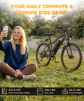 Huge 1500W Motor Electric Bike With Super Long Range And Swift Commuting Powers For Urban Rides Featuring Bold 26 Inch Tires And Heavy Duty Build For Any Terrain You Want To Crush Today. Black e-bike shown with rider and size labels.