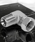 Heavy Duty Hydraulic Fitting Half Inch Male NPTF To Half Inch NPSM Female Swivel 90 Degree Elbow SAE Pipe Joint Connector Built To Last Forged Carbon Steel Hose Adapter For Hydraulic Systems, side view
