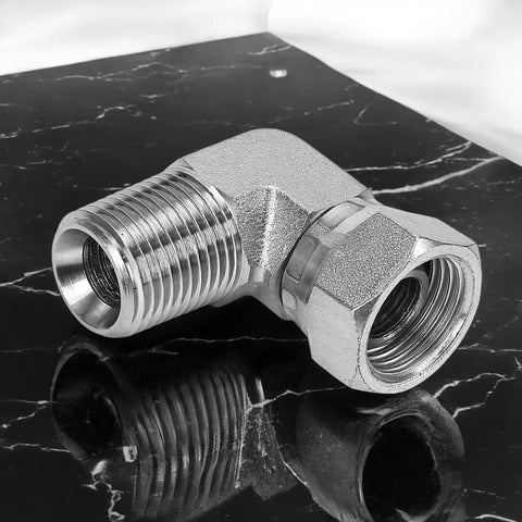 Heavy Duty Hydraulic Fitting Half Inch Male NPTF To Half Inch NPSM Female Swivel 90 Degree Elbow SAE Pipe Joint Connector Built To Last Forged Carbon Steel Hose Adapter For Hydraulic Systems, side view
