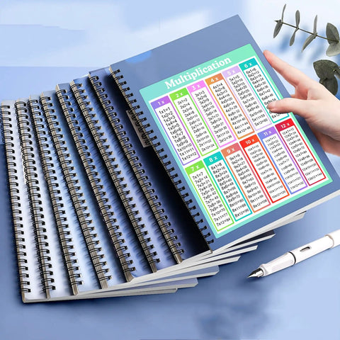 Multiplication Chart Stickers 4 By 5 Inch Large Educational Math Labels For Kids 50 Pack Classroom Posters displayed in spiral notebooks.