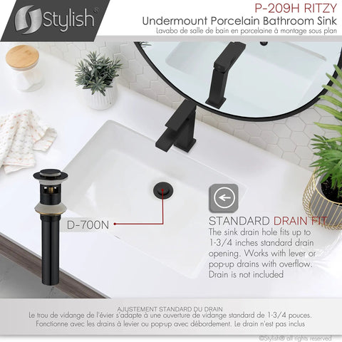 Rectangular Porcelain Undermount Bathroom Sink, 20.38 By 14.25 Inches, Sleek Shiny Finish, Stain Resistant, Matte Black Overflow