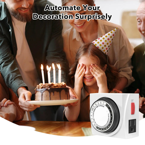Heavy Duty Mechanical 24 Hour Timer Dual Outlet 3 Prong Indoor Power Timer for lamps and lights beside birthday scene