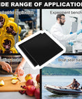 Image of two black HDPE sheets, 12x12 inches, shown with various applications, including cutting board and boat seat base.