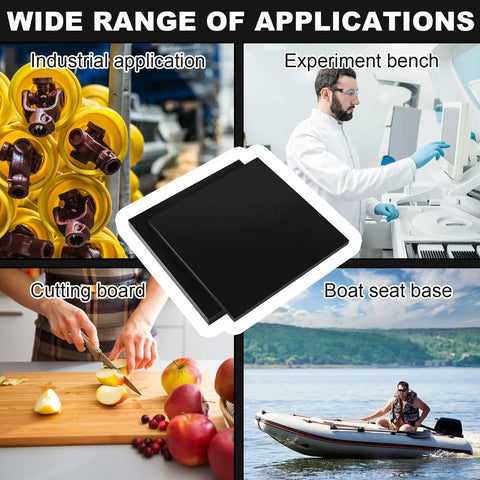 Image of two black HDPE sheets, 12x12 inches, shown with various applications, including cutting board and boat seat base.