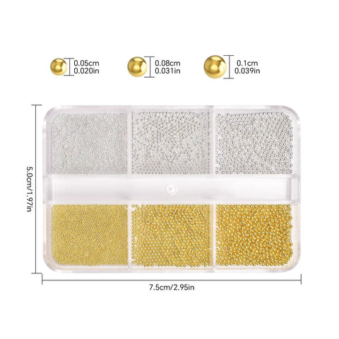 Nail Art Steel Beads And Mini Ball Rhinestones For Caviar Nails In Gold Silver Or Mixed Tone Dope For Pro Level Nail Art, 0.5mm 0.8mm And 1mm Sizes, 6 Compartment Box For Easy Organization And Precise Detailing, gold and silver beads set