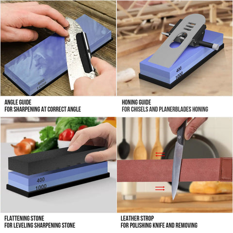 Knife Sharpening Stone Set Pro Grade Four Sided Whetstone 400 1000 3000 8000 Sharpener Kit With Non Slip Bamboo Base Cut Resistant Gloves Angle Guide Flatting Stone Honing Guide Leather Strop For Razor Sharp Edges