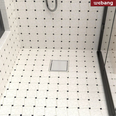 Bathroom with 6 Inch Square Shower Drain With Brushed Finish, Reversible 2-In-1 Tile Insert Grate, Removable SUS304 Cover