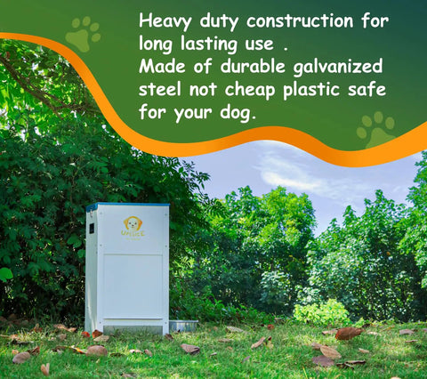 Heavy Duty Automatic Dog Feeder Holds A Ton Of Twenty Five Pounds Of Dry Kibble Rugged Galvanized Steel outdoor pet bowl in grass.