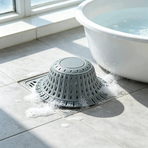Bathtub Drain Strainer Silicone Bathroom Stopper Fixture in a bathroom with bubbles and a white bathtub.