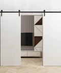 Double Sliding Barn Door Set 84 By 96 Inches Painted White With 13 Ft Black Rail Track Kit Includes Two Solid Panel Interior Doors