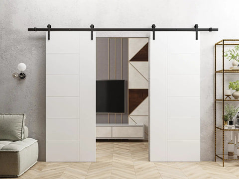 Double Sliding Barn Door Set 84 By 96 Inches Painted White With 13 Ft Black Rail Track Kit Includes Two Solid Panel Interior Doors