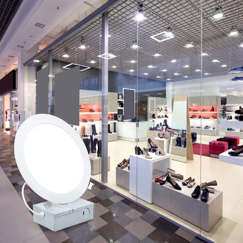 Ultra Thin 7 Inch LED Recessed Ceiling Light With Junction Box 6000K Cool White 18W 1500 Lumens in modern store display