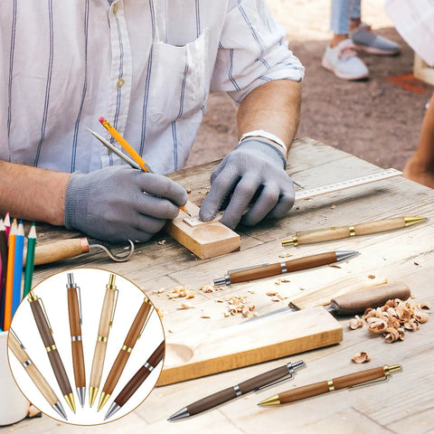 Sick 6 Piece Retractable Pen Kit Bundle Sweet Deal For Wood Turning Lathes Includes 8 MM Slimline Insert Kits With Smooth Click Refills. Woodworker using pens on a workshop table.