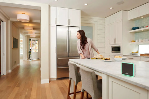 Kitchen view with Wireless Doorbell 9 Series in blue-grey on countertop, highlighting its portable chime and sleek design.