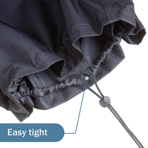Drawstring closure of Waterproof Trimmer Engine Cover Heavy Duty 600D Weatherproof Lawn Equipment Shield, black fabric detail