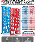 Front view of blue and red aluminum wall-mounted nut and bolt thread gauge set (62 sizes) with drill-bit gauges