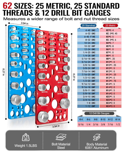 Front view of blue and red aluminum wall-mounted nut and bolt thread gauge set (62 sizes) with drill-bit gauges