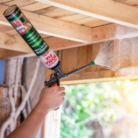 Person using foam gun to apply Expandable Polyurethane Spray Foam Insulation for Superior Heat And Sound Control.