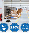 9420 20 Inch Industrial Grade Pedestal Fan in warehouse, 1/6 HP motor, 120V, 1.6 amps, black powder-coated steel, 9-foot cord