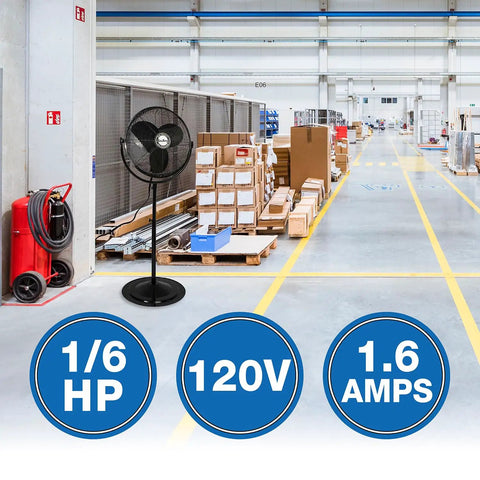 9420 20 Inch Industrial Grade Pedestal Fan in warehouse, 1/6 HP motor, 120V, 1.6 amps, black powder-coated steel, 9-foot cord