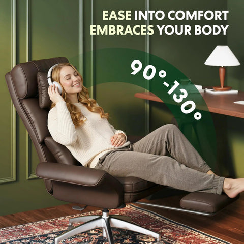 Woman relaxing in Oversized Chaise Lounge Chair With Wheels And Footrest, Ultra Comfy Big Seat For Living Room, Office, Bedroom Or Gaming Setup, Expandable Space, Pet Friendly, Scratch Resistant Air Leather, Brown. Reclined position with headrest.
