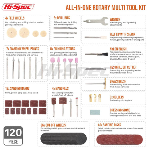 Powerful 170W Rotary Tool Kit With 121 Piece Dremel Compatible Bit Set components displayed with labels