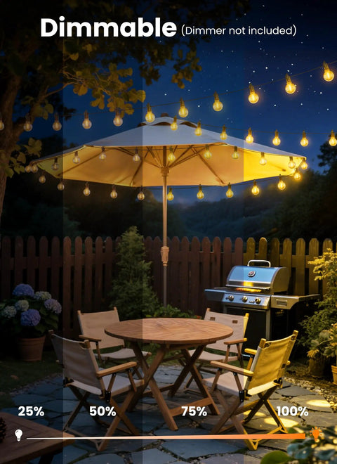 100 Feet Outdoor String Lights With 50 LED G40 Bulbs Plus 2 Spares illuminating a garden dining area under an umbrella at night.