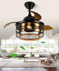 36 Inch Farmhouse Ceiling Fan With Lights, dope retractable cage blades in black, installed in modern living room