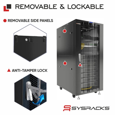 Heavy-Duty 37U Floor Standing Server Rack Cabinet 19 Inch 32 Inches Deep with removable side panels and anti-tamper lock.