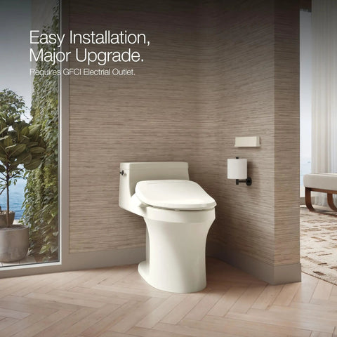 Heated Bidet Toilet Seat With Wireless Remote, Biscuit Color, Easy install over standard toilet, minimalist bathroom design.