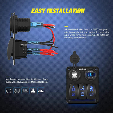 3 Gang Rocker Switch Panel With USB Charger And LED Voltmeter For 12V Cars Trucks Boats ATVs RVs Marine Aluminum Waterproof Toggle Power Panel with installation diagram