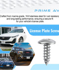 Stainless Steel License Plate Screws Kit For Front And Rear No Rust Easy Install Rattle Proof Fasteners That Keep Plates Secure Compatible With Buick Cadillac Chevrolet GMC with images of vehicles.