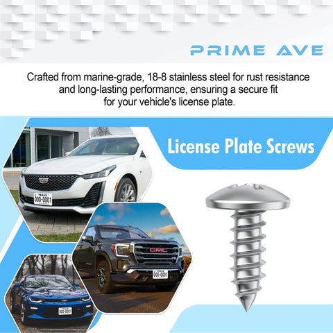 Stainless Steel License Plate Screws Kit For Front And Rear No Rust Easy Install Rattle Proof Fasteners That Keep Plates Secure Compatible With Buick Cadillac Chevrolet GMC with images of vehicles.