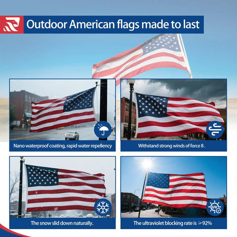 Built Tough Durable Nylon Outdoor Flag 3x5 Ft Waterproof Embroidered All Weather US Made Heavy Duty American Flag waving in different scenes.