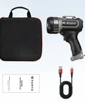 Compact Rechargeable Spotlight With Adjustable Focus And Stand, 2700 Foot Range, Three Light Modes, and accessories