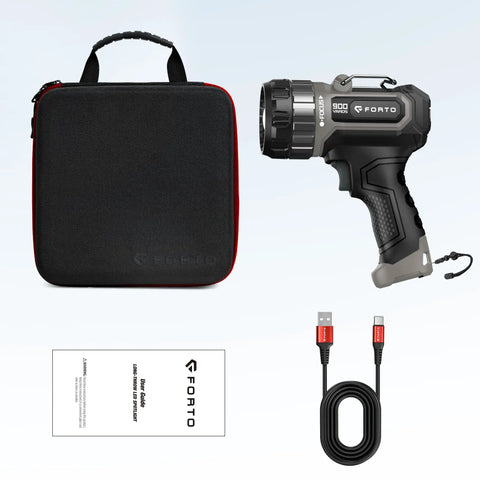 Compact Rechargeable Spotlight With Adjustable Focus And Stand, 2700 Foot Range, Three Light Modes, and accessories