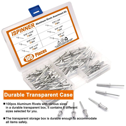 100 Piece Aluminum Blind Rivets Kit Pro Grade Pop Rivets Assortment in transparent case, showing various sizes.