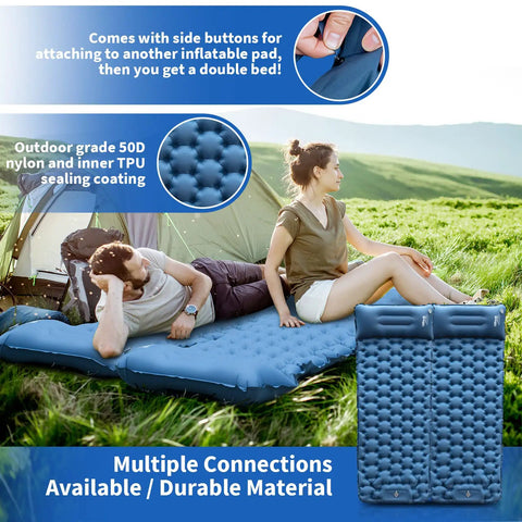 Ultralight Inflatable Sleeping Pad With Built In Foot Pump And Pillow For Camping, extra wide pad in use outdoors