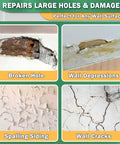 Image showing examples of repairs for large holes, wall depressions, spalling siding, and wall cracks using 12 Inch By 12 Inch Drywall Repair Patch Kit With Heavy Duty Self Adhesive Mesh For Large Holes And Ceiling Cracks Quick And Easy Wall Patch Repair Kit For Fast Home Fixes.