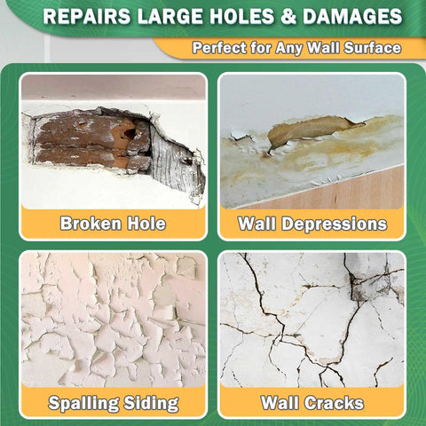 Image showing examples of repairs for large holes, wall depressions, spalling siding, and wall cracks using 12 Inch By 12 Inch Drywall Repair Patch Kit With Heavy Duty Self Adhesive Mesh For Large Holes And Ceiling Cracks Quick And Easy Wall Patch Repair Kit For Fast Home Fixes.