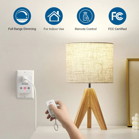 Plug In Lamp Dimmer Switch With Wireless Remote For Floor Lamps Table Lamps And String Lights 100 Foot Range Dimmable LED Or Tungsten Bulbs in use on a table lamp with remote control