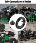 54T Hardened Steel Spur Gear And 18T Pinion Gear Set For Traxxas RC Cars, shown with multiple RC trucks on dirt tracks