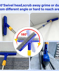 Long Reach Grout Brush With Adjustable Telescopic Handle for deep cleaning, 180° swivel head scrubbing tile grout in shower and kitchen.