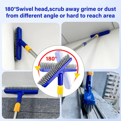 Long Reach Grout Brush With Adjustable Telescopic Handle for deep cleaning, 180° swivel head scrubbing tile grout in shower and kitchen.