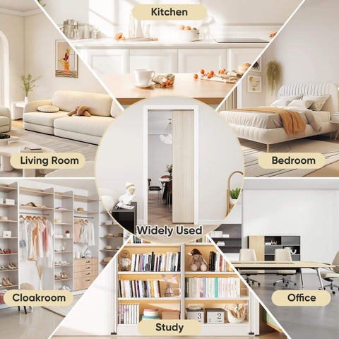 Six Foot Pocket Door Kit installed in various rooms like kitchen, bedroom, living room, office, cloakroom, and study.